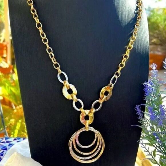 Mixed Metals Long Circles Boho Lagenlook Necklace - Picture 1 of 6